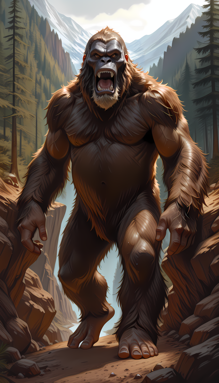 8K,absurdres,very aesthetic,masterpiece,highly_detailed,best_quality,newest,forest,<lora:Sasquatch_-_Yeti_-_Bigfoot_ILLUSTRIOUS_Hairy_Ape_Man-000009:0.9>,wide shot,sasquatch,cliff,mountains,solo,no humans,barefoot,facing viewer,open mouth,brown eyes,realistic,angry