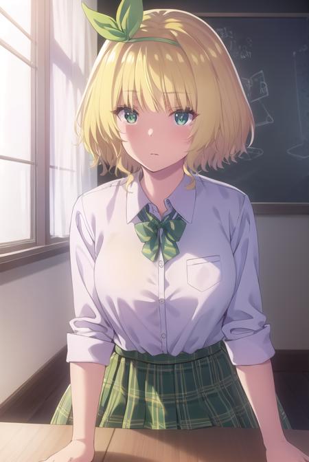 yuikakoga, <lora:yuika koga s1-lora-nochekaiser:1>,
yuika koga, short hair, blonde hair, (green eyes:1.3), hair ribbon, hairband, green ribbon,
BREAK skirt, shirt, school uniform, white shirt, plaid, plaid skirt, green skirt,
BREAK indoors, classroom,
BREAK looking at viewer,
BREAK <lyco:GoodHands-beta2:1>, (masterpiece:1.2), best quality, high resolution, unity 8k wallpaper, (illustration:0.8), (beautiful detailed eyes:1.6), extremely detailed face, perfect lighting, extremely detailed CG, (perfect hands, perfect anatomy),