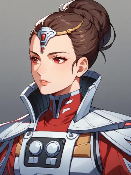 empressacina, red eyes, tiara, hair bun, futuristic modulator breast plate, shoulder armor with high collar, puffy sleeves, brown hair, 1girl