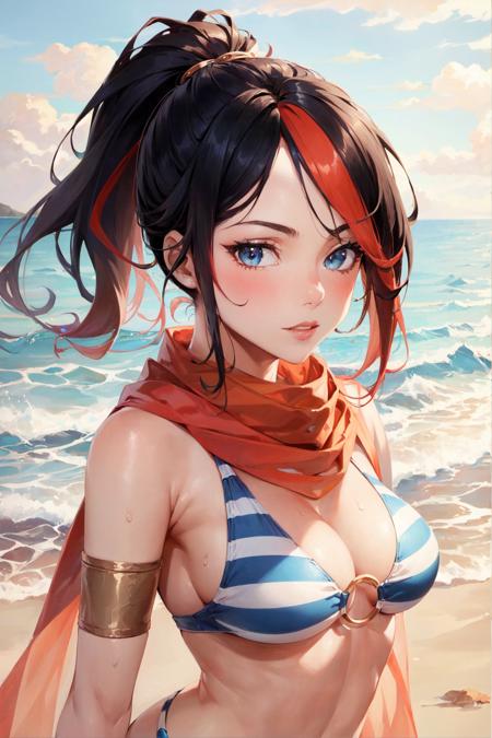 pool party fiora, 1girl, striped bikini, red shorts, scarf, ponytail, multicolored hair, solo, detailed face, looking at viewer, upper body, potrait, beach, ocean, (masterpiece:1.2, best quality)