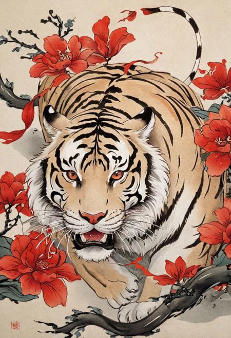 a close up of a tiger with a red tail and a white body, sacred tiger, chinese mythology, white tiger, ancient china art style, ((tiger)), korean mythology, traditional chinese art, by Keisai Eisen, chinese style painting, tiger_beast, colored illustration for tattoo, by Rumiko Takahashi, by Kishi Ganku, traditional chinese painting, bad_pictures, Movie Still, Film Still, Cinematic, Cinematic Shot, Cinematic Lighting, chinese meticulous ink, illustration