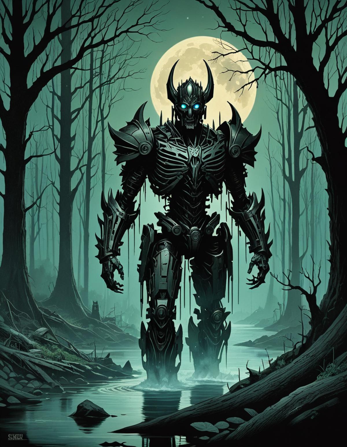 The image features a robot with a moon in the background, standing in a forest.