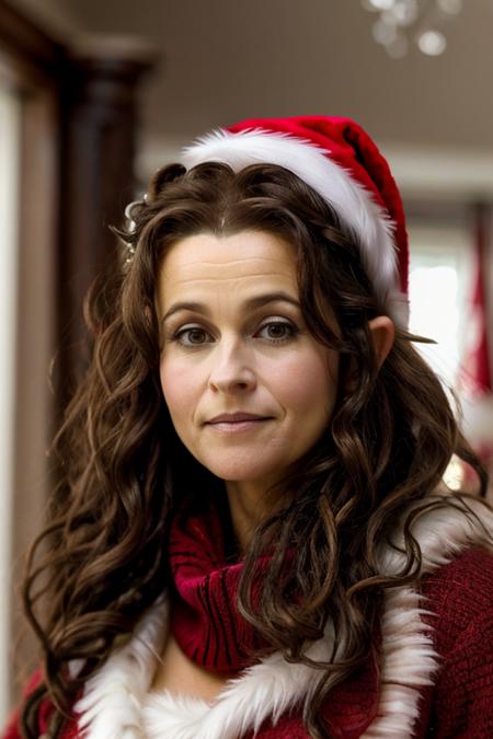 mrs santa claus, santas grotto, north pole, elves, snowmen, candy canes, snow, icicles, <lora:Helena_Bonham_Carter:1> 1girl, solo, a mature 40 year old hb1873c, brown hair, wavy,messy,up do, hair, masterpiece,best quality, detailed face