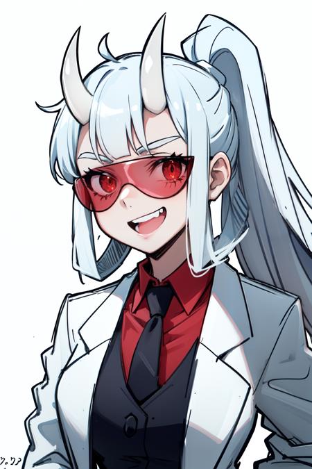 <lora:loremaster:1> loremaster(helltaker), formal, white hair, sidelocks, long hair, simple background, red-tinted eyewear, tinted eyewear, white background, black necktie, red shirt, necktie, looking at viewer, upper body, red eyes, horns, demon girl, goggles, smile, teeth, coat, white coat, open mouth, shirt, 1girl, suit, collared shirt, sketch, labcoat, solo, ponytail, open clothes, grin, dated, signature, jacket