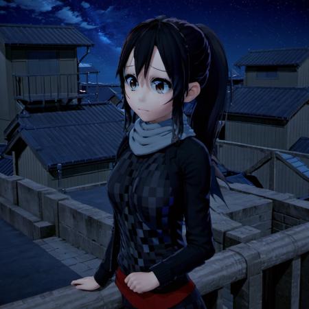 1girl, solo, star (sky), night, sky, starry sky, brown eyes, black hair, ponytail, night sky, outdoors, scarf, looking away, railing, building, long hair, scenery, long sleeves, house, argyle, upper body, looking to the side, <lora:Yumi_Yamaguchi:1>