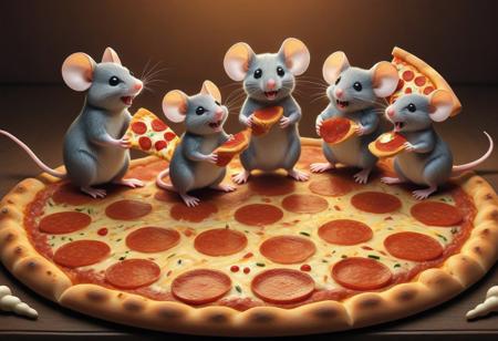 Comicstyle illustration of a cute mouse family eating a huge Pizza