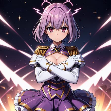 masterpiece,best quality,highly detailed,1girl,solo,serious,concentrating,v-shaped eyebrows,
<lora:shinjou_akane_v2:0.75>,aaakane,short hair,halo,red eyes,large breasts,cleavage,epaulettes,white gloves,elbow gloves,purple skirt,thighhighs,
BREAK
<lora:x-Arms:0.4>,(((crossing arms in an X shape,clenched hands))),cross,otherworldly dimension where purple and red colors are intermingled,