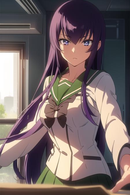 saekobusujima, <lora:saekobusujimatest:1>,
saeko busujima, long hair, purple hair, (purple eyes:1.1), hair between eyes,
BREAK skirt, long sleeves, bow, school uniform, serafuku, green skirt,
BREAK looking at viewer,
BREAK indoors, classroom,
BREAK <lora:GoodHands-vanilla:1>, (masterpiece:1.2), best quality, high resolution, unity 8k wallpaper, (illustration:0.8), (beautiful detailed eyes:1.6), extremely detailed face, perfect lighting, extremely detailed CG, (perfect hands, perfect anatomy),