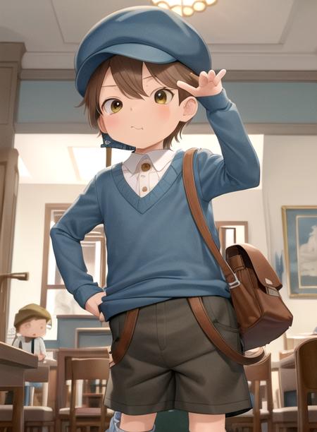 luke triton, brown hair, 1boy, male child, black eyes, short hair,blue headwear, shoulder bag, blush stickers, shirt, shoes, socks