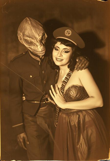 mxnoirsty. Photograph, likely taken in the 1920s of a Mexican woman in revealing clothes posing affectionately with a frightening reptilian space alien wearing uniform, analogue, faded photo, creases and scratches, film grain. photo border. Rembrandt, shadow, low key Lighting style, film photography, film grain, film particles, grainy, flash photography, analog photography. vintage photography