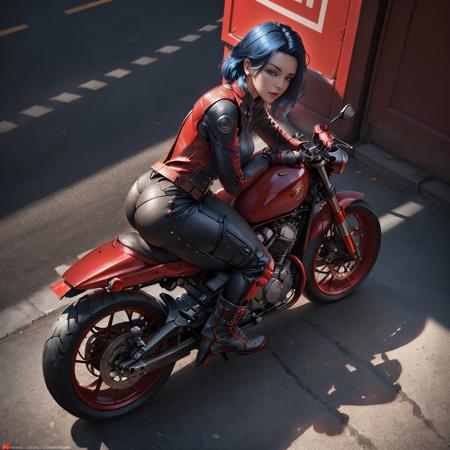 Female Biker on A Red Sport Motorcycle, In A Red Motorcycle Suit, Holding Motorcycle Helmet in Both Hands, Saturated Blue Hair, Blue Eyes, Thin Waist, Thick Hips, High Heel Boots, Award Winning Concept Art, Highly Detailed, 4K, HDR, Soft Shadows, Intricate, Ray Tracing, Highly Detailed Face, professional Concept Art, depth of field, best quality, masterpiece, highly detailed face, realistic hair, realistic eyes, dynamic lighting, realistic shadow, volumetric lighting, bloom, cinematic