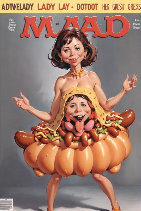 mad-magazine-cover, a pretty lady in her lovely hotdog dress.