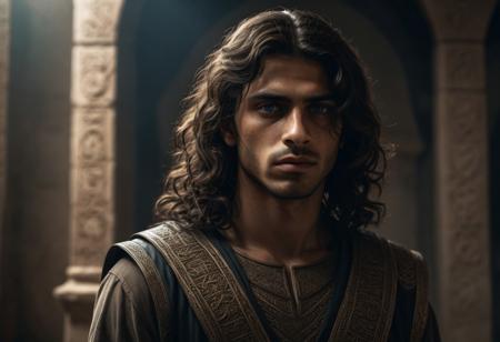 (masterpiece, highest quality), (realistic, photo_realistic:1.9), ((Photoshoot)) (((hyper realistic face))). general shot of an ((ancient middle-eastern boy with long wavy hair standing ((without armor)). of the ancient middle east in the background. eccentric, sad, poetic, dark, melancholic, epic, hyper-detailed, ultra-realistic, dramatic zenithal lighting, dynamic shadows. with love, in love, eccentric, sad, poetic, dark, melancholic, epic, hyper-detailed, ultra-realistic, dramatic zenithal lighting, dynamic shadows.