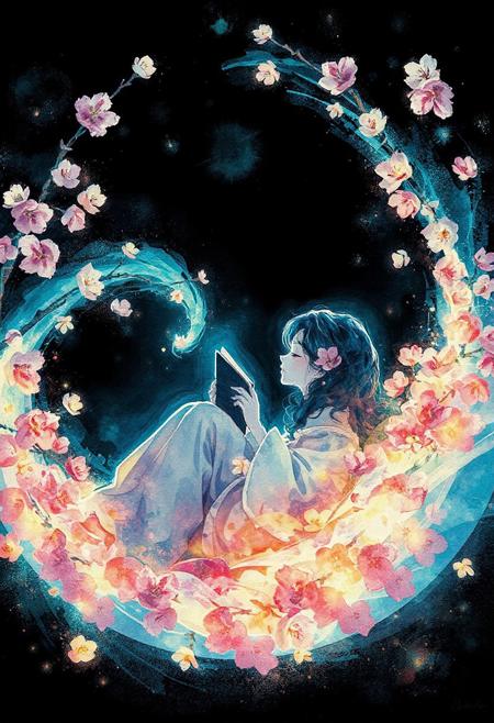 JNANX,luminous white silhouette,cyan glow,emerald highlights,flickering outline,dreamlike movement,rippling colors,drifting embers,infinite black background,psychedelic colors,ethereal,futuristic surrealism,gw,glowing,night,night sky,trippy,
"A delicate watercolor illustration of a 26-year-old woman curled up in the center of a cherry blossom spiral, reading a book, surrounded by swirling petals and flowing ink textures, soft lighting, peaceful expression, dynamic composition, Japanese art style, elegant and emotional