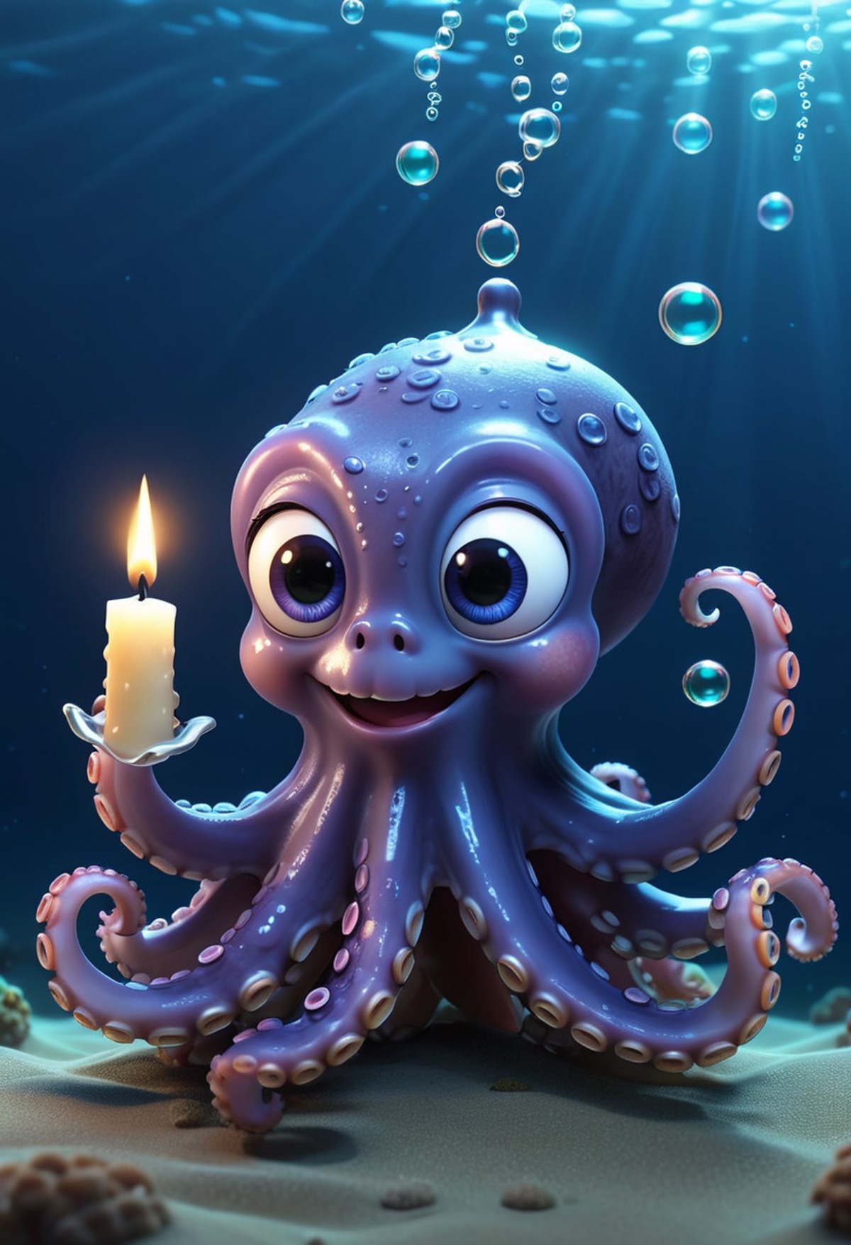 pixar style of a octopus, tinny cute, ((( luminous))), in the ocean, holding a candle , bubbles, smile, high detailed, pho...