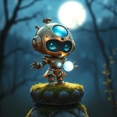 olbks  A chibi-style robotic sorceress perched atop a mossy stone pedestal at blue hour, her petite frame made of polished bronze and crystal lenses; soft moonlight creates gentle reflections across her orb and tiny articulated fingers. Style reminiscent of a high-end anime key visualâkawaii, magical, with refined lighting contrasts.