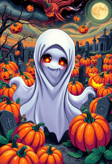 A hyper-stylized anime-style Halloween ghost, surrounded by a vibrant, pop art landscape of colorful pumpkins and twisted, surrealist graveyard scenery. The ghost, a cute, bedsheet-clad figure with a sweet, anime-style face, is distorted and elongated, with a melting, Dalí-esque quality to its edges. The pumpkins, a riot of bright, poppy colors and bold, graphic patterns, seem to float and swirl around the ghost, as if they're being blown by an invisible wind. The graveyard scenery is a twisted, surrealist dreamscape of melting headstones, distorted mausoleums, and other bizarre, nightmarish imagery. The ghost's eyes glow with a bright, shining light, adding a touch of magical, supernatural energy to the image. The overall effect is one of vibrant, eye-popping energy, as if the viewer is gazing into a kaleidoscope of colors and patterns. highest-Quality, intricate details, visually stunning, Masterpiece