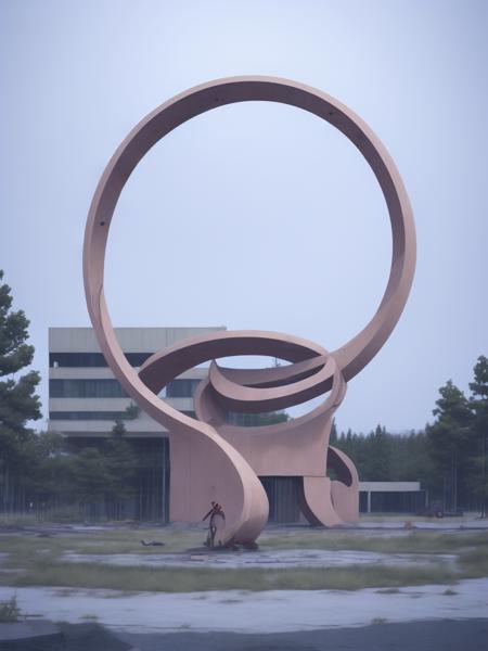 <lora:21Stalenhag:1>a building with a large circular sculpture on top of it by Simon Stalenhag