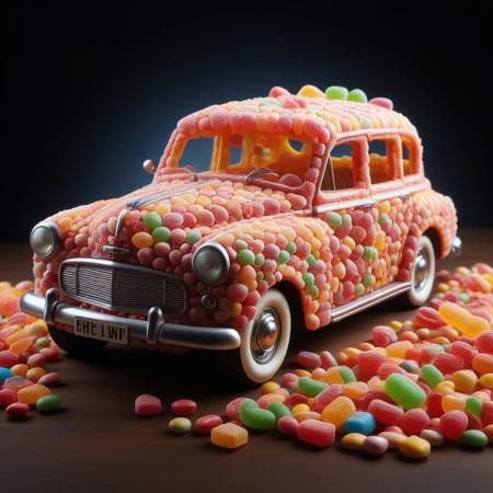 a vintage car made out of candy, candy, masterpiece, best quality, highly detailed, sharp focus, dynamic lighting