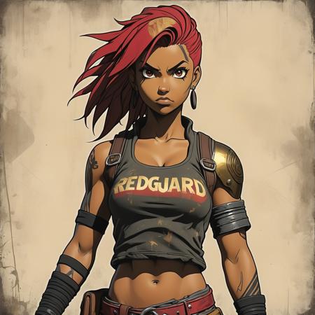 grunge style Anime buff Golden Age Female Redguard, textured, distressed, vintage, edgy, punk rock vibe, dirty, noisy