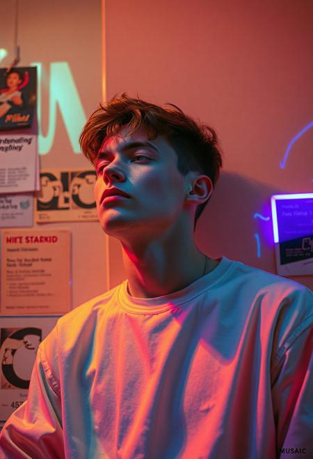 high quality design aesthetics, synth pop, nostalgic,  detailed, synth pop album cover, dynamic, colourful, uptempo track, melancholic, young white man, artist name "MUSAIC",  melancholic, album title "Pretending Everything's Okay"