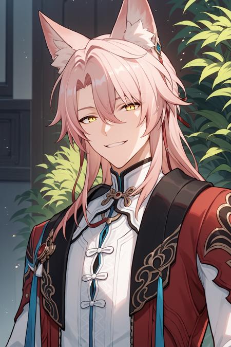 jiaoqiu, pink hair, yellow eyes, animal ears closed eyes