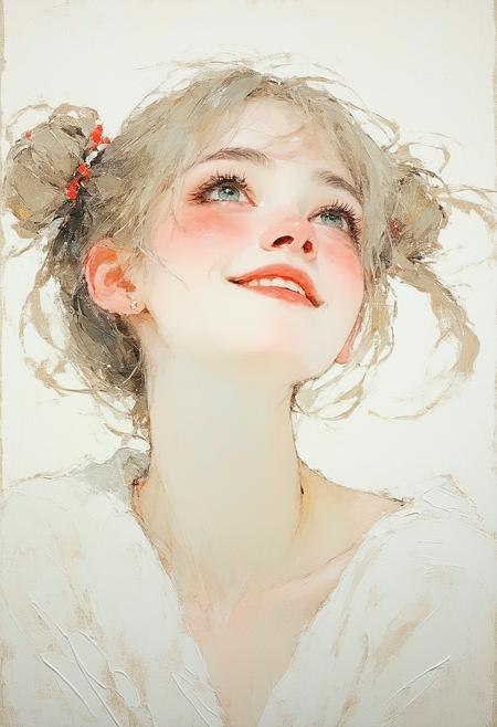 A cherubic 25 year old woman with windblown ash-blonde pigtails and blunt bangs obscuring her brows gazes warmly from an intimate, upward angle, her coral lips parted in a shy, blushing smile. Rendered in oil’s lush impasto with Yoshitomo Nara’s tender whimsy and Monet’s hazy pastels—blush pinks bleed into powder blues across her velveteen cheeks. Diffused light caresses stray gilt hairs framing azure eyes, while faint indigo ink rivulets seep through the ivory backdrop like forgotten whispers, contrasting the crisp black serafuku’s matte folds. Every brushstroke hums with guileless magnetism.