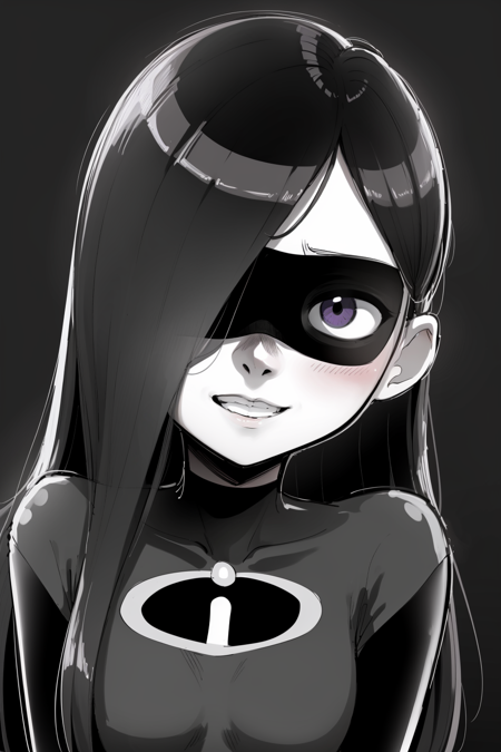 masterpiece, best quality, monochrome, greyscale, ebiblue, 1girl, violetparr, mask, long hair, black hair, hair over one eye, bodysuit, upper body, gesugao, smile, solo, looking at viewer,  sketch, black background  <lora:Ebiblue:1>    <lora:VioletParr:1>