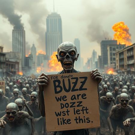 apocalyptic city, buildings falling background, explosions background, fire background, dust, smog, a big zombie crowd, zombies without body parts, a ugly zombie holding a a carboard sign with the text "for not donating buzz we are left like this"