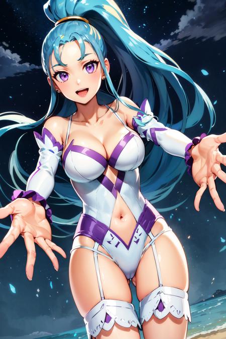 masterpiece, best quality, highres, 1girl, solo, long hair, high ponytail, blue hair, purple eyes, large breasts, collarbone, cleavage, leotard, detached sleeves, navel cutout, garter straps, <lora:amazon_pandora_v1:0.7>, outdoors, cowboy shot, reaching out, smile, open mouth, night