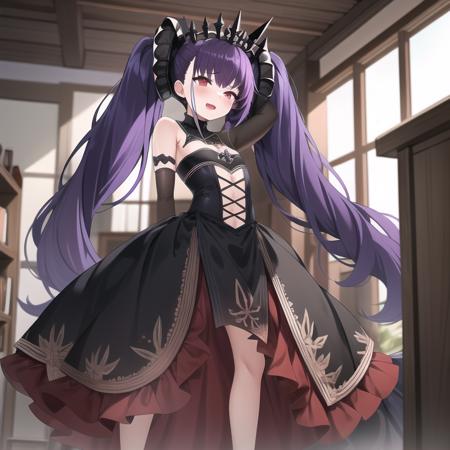 sfw,(hyper extreme detailed),(masterpeace),(best quality),(hyper extreme),CG,indoors,bedroom,1girl, standing, <lora:Felix_Schultz:1>Felix_Schultz,purple hair,twintails,tiara,red eyes, black dress,long skirt,elbow gloves,high heels, petite,