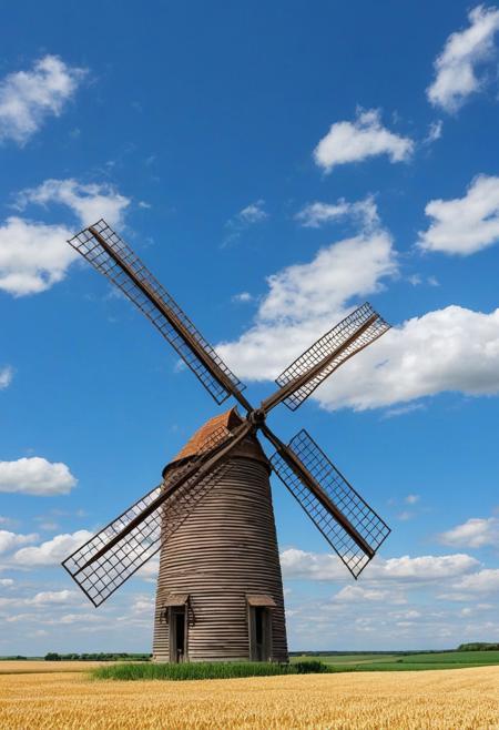 Antique windmill with 4 grinding blades rotating by the force of the wind activating it, background large wheat fields and blue sky with cumulus clouds