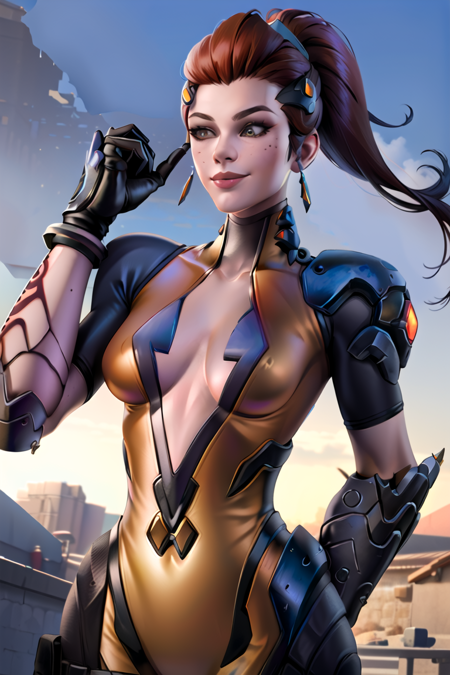 ((best quality)), ((highly detailed)), masterpiece, ((official art)),  (brigitte),(widowsuit:1.2), gloves,smile,medium breasts,upper body, (tattoo), (arm tattoo:1.2), (hand on hip), best quality, masterpiece, intricate details, tonemapping, sharp focus, hyper detailed, trending on Artstation,1 girl, solo