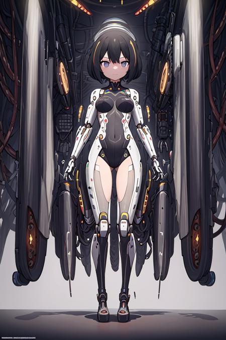 masterpiece, best quality, 1 girl,short hair, Mechanical octopus hand, standing,(Original illustration composition), (Maximalism artstyle,Geometric artstyle),(Glitzy Cyberpunk background ),(Science fiction mechanical theme),