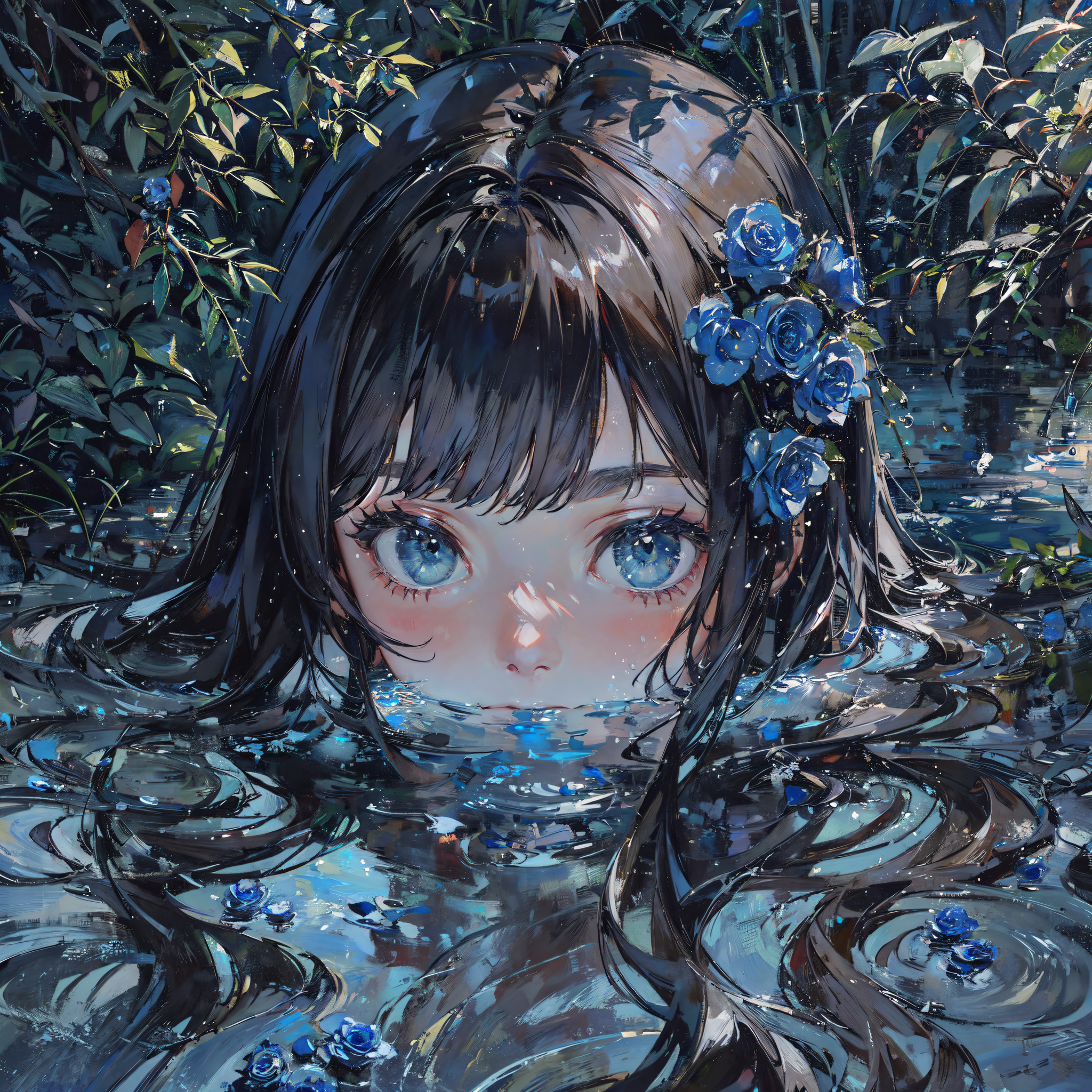 masterpiece, best quality, girl, long black hair, close-up, water, bushes, blue rose, completely blue,