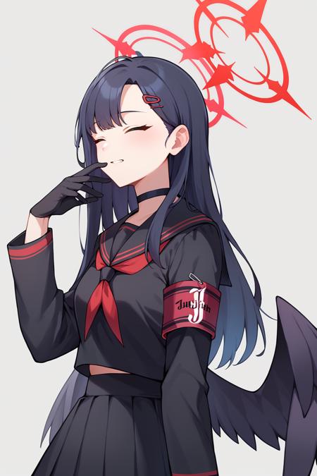 ichikadef, hairclip, halo, black serafuku, black sailor collar, red neckerchief, black shirt, black skirt, black gloves, black choker, armband, long sleeves, black wings