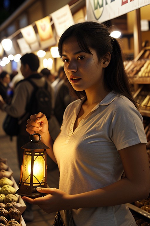Realistic sexy college Berber girl buying a lantern at a bazaar