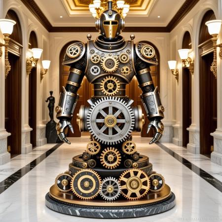 Steampunk style  <lora:gearstyle:1> gears, steampunk, in a mansion hallway, greased and oily appearance, looking at viewer, gold and silver colors, , a marble robotic statue made of gears, cogs on body, gears on body, mechanism, robotic statue, buttler in a mansion <lora:Marble&stone statues-sdxl1.0:1>  statpl . Antique, mechanical, brass and copper tones, gears, intricate, detailed