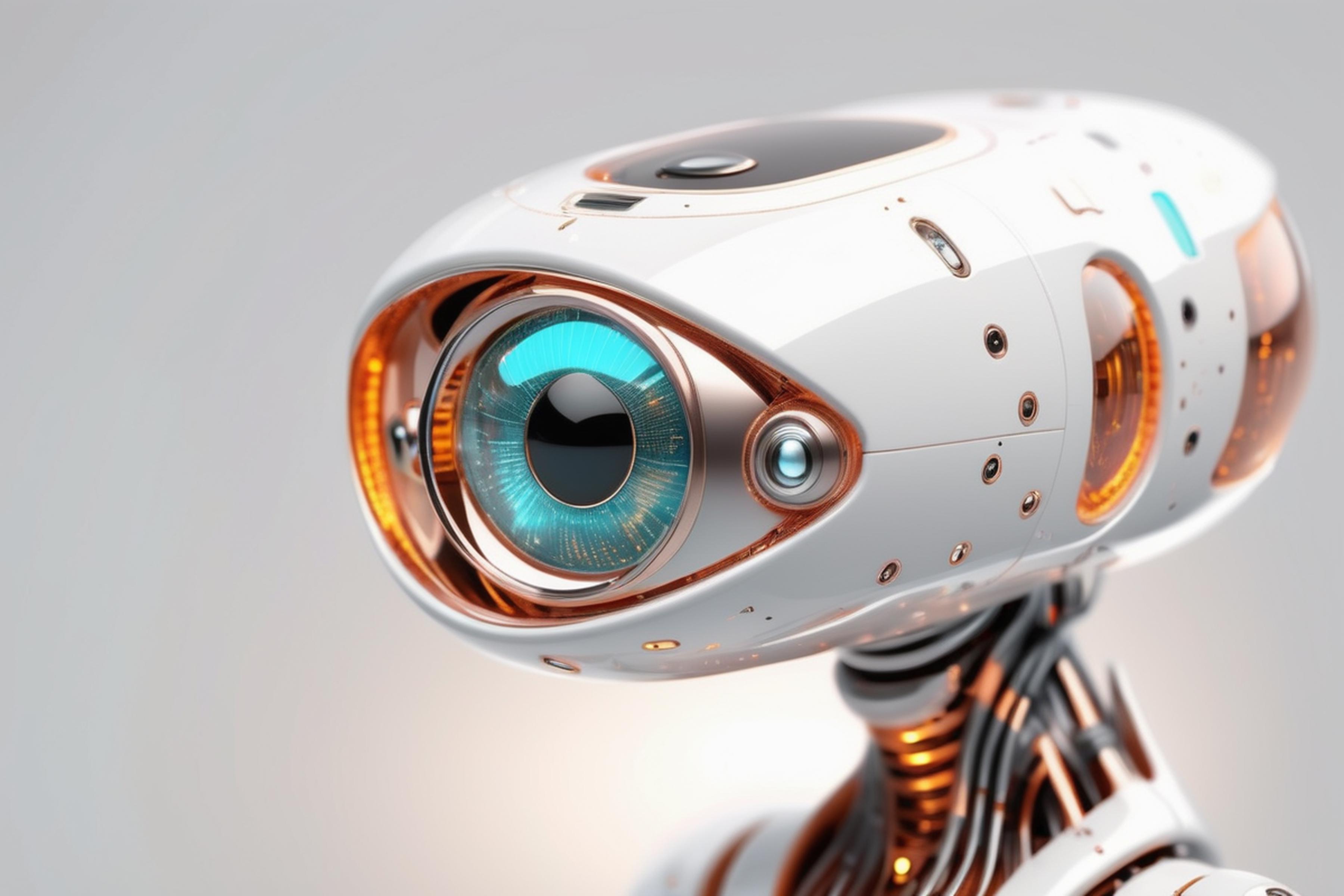 An Eye-Shaped Robotic Head with Blue and Orange Lights.