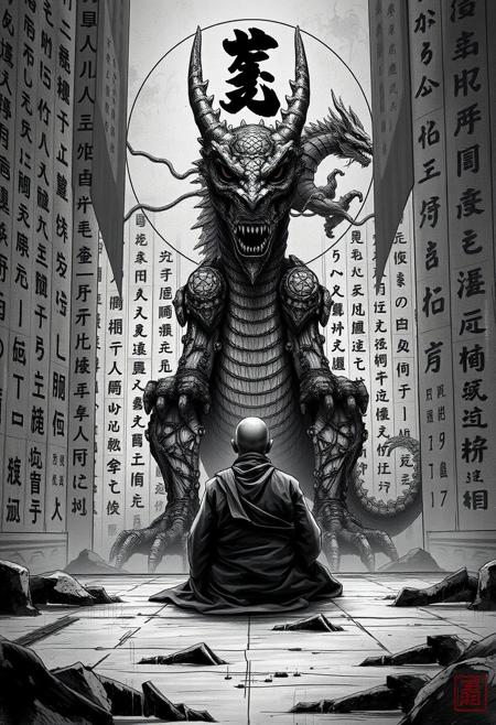 A silent monk seated before a wall of symbols, facing a massive, hyper-detailed mechanical dragon, conceptual calligraphy, graphic realism, dense linework, philosophical symbolism, fictional scripts, high-contrast shading, mythic undertones, visual complexity, structured chaos, narrative abstraction, dark fantasy elements, textual surrealism, East-meets-West visual language, monumental composition