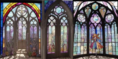 <lora:concept art-v1.0:1> concept art, Vibrant Stained Glass, Alice in Wonderland, Enchanted Forest, Rainbow Colors, Sunlight Filtering Through, Whimsical Atmosphere, Gothic Architecture, Textured Glass Panels, Intricate Organic Shapes, Balanced Composition