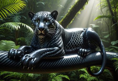 Highly detailed photographic image of a jaguar with incredibly intricate black carbon fiber "fur" resting on a large tree branch in the rainforest. The photorealistic natural forest surroundings an ironic contrast to details of the futuristic jaguar's woven carbon fiber coat, showcasing its distinctive beauty and muscular build in the woven strands. The rainforest environment should be lush and vibrant, filled with a variety of green foliage, exotic plants, and dappled sunlight filtering through the canopy above. Incorporate dramatic lighting to enhance the atmosphere, creating a sense of depth and intrigue. Include subtle elements such as mist or gentle rain to add to the mood, while ensuring the surreal carbon fiber jaguar remains the focal point of the composition. (Highly cinematic scene with natural surroundings; highly focused detail on the subject; beams of sunlight reflecting on the animal's unique carbon fiber fur; masterpiece scene; dramatic composition, 4k resolution, finely detailed texture)