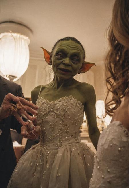 Perfect candid photograph of a goblin being fitted for the most elegant and expensive dresses at "Bergdorf Goodman", 
<<BREAK>> ,
((very strong fisheye-lens photograph (very intense fisheye-view photograph), (very low upward looking angle), intricately detailed, very detailed background, (contrats in lifestyle photograph), creepy lighting, creepy cinematic photo), realisticvision-negative-embedding,  epiCRealism ))