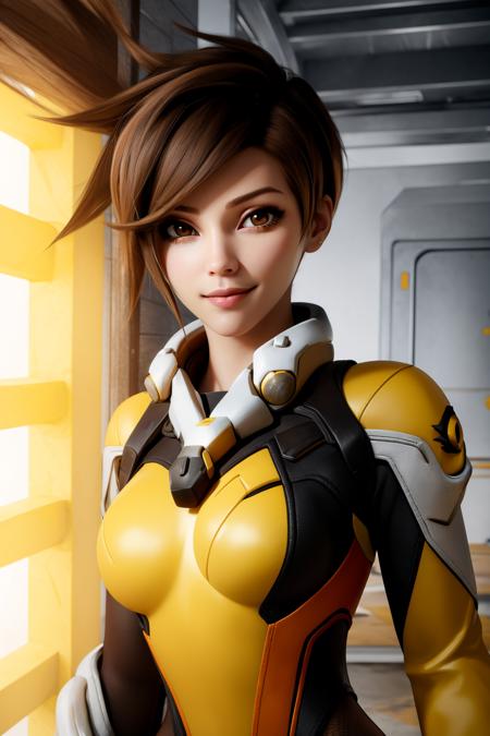 (masterpiece, best quality:1.2), intricate details, 1girl, brown hair, tracer (overwatch), short hair, brown eyes, bodysuit, jacket, standing, makeup, medium breasts, bangs, spiked hair, bare shoulders, closed mouth, smile, upper body, potrait, realistic, <lora:A3D_Beta:1>