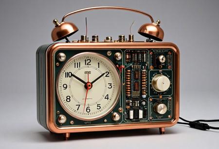 A vintage alarm clock redesigned as a retro-futuristic circuit object. The bells replaced by polished capacitors, the face covered in etched silicon pathways, hands glowing with LED traces. Clock body is copper-colored metal with exposed transistor logic and surface-mount detail. Precision and tech nostalgia combined.