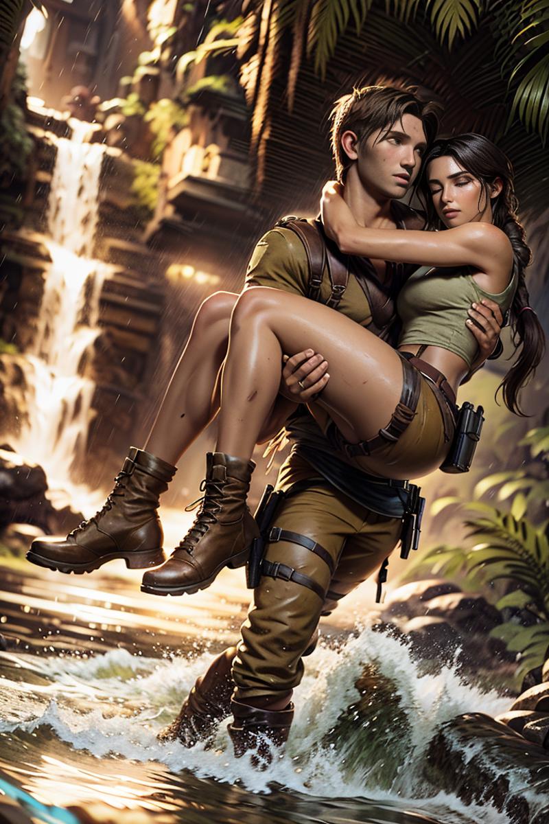A man carrying a woman through a waterfall in a jungle.