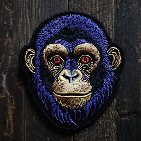 A embroidered patch of a vibrant cute ape. The patch is sitting on an old rustic black wooden table, cinematic, dynamic, dramatic atmosphere, precise, elegant, highly detailed, extremely scientific, beautiful, intricate, sharp focus, inspired, color deep royal, very artistic, innocent, light glowing