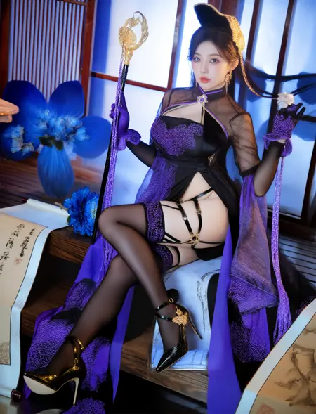 NSFW WAN2.2 T2V Elegant and Seductive Woman in Black and Purple Attire