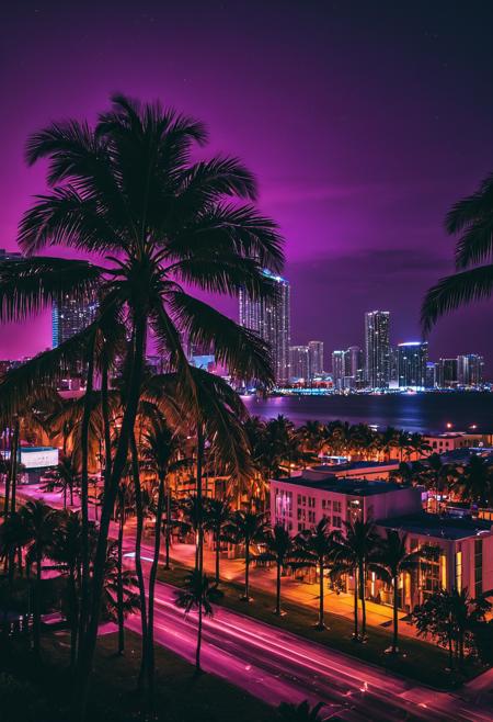 neonpunk style the sky is dark, night on a summer miami beach, miami, miami synthwave, miami beach, vice city, palms and miami buildings, night time city background, cities flourishing, tropical coastal city, vibrant city lights, night - time city background, beautiful cityscape background, super wide view of a cityscape, beautiful cityscape, modern city scape, city at night,, <lora:Art Brenner CLIP:1>,Art Brenner, . cyberpunk, vaporwave, neon, vibes, vibrant, stunningly beautiful, crisp, detailed, sleek, ultramodern, magenta highlights, dark purple shadows, high contrast, cinematic, ultra detailed, intricate, professional