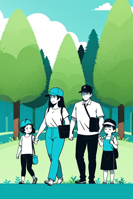 gz,multiple girls,2girls,hat,long hair,1boy,shirt,pants,short sleeves,cloud,baseball cap,white shirt,plant,tree,black hair,smile,green theme,limited palette,bag,monochrome,<lora:gz_20231024102623:0.8>,